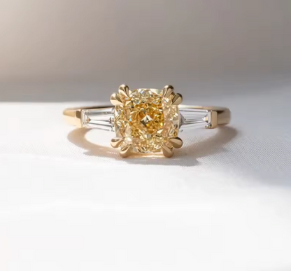 Three-Stone Yellow Cushion Cut Lab-Grown Diamond Ring in 14K Yellow Gold – 2.0 CT Center Stone