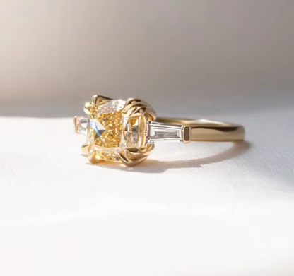 Three-Stone Yellow Cushion Cut Lab-Grown Diamond Ring in 14K Yellow Gold – 2.0 CT Center Stone