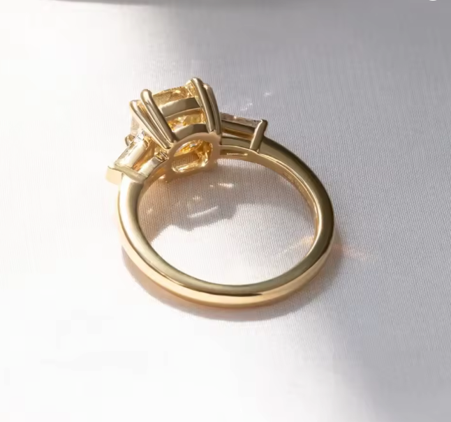 three-stone yellow cushion cut lab-grown diamond ring in 14k yellow gold – 2.0 ct center stone