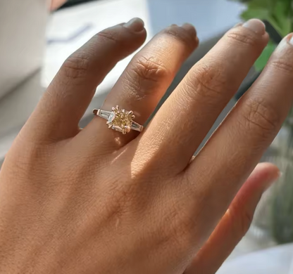 Three-Stone Yellow Cushion Cut Lab-Grown Diamond Ring in 14K Yellow Gold – 2.0 CT Center Stone