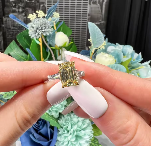emerald cut fancy light yellow lab-grown diamond three-stone ring in 14k white gold – 1–2 carats