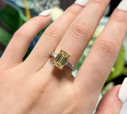 Emerald Cut Fancy Light Yellow Lab-Grown Diamond Three-Stone Ring in 14K White Gold – 1–2 Carats