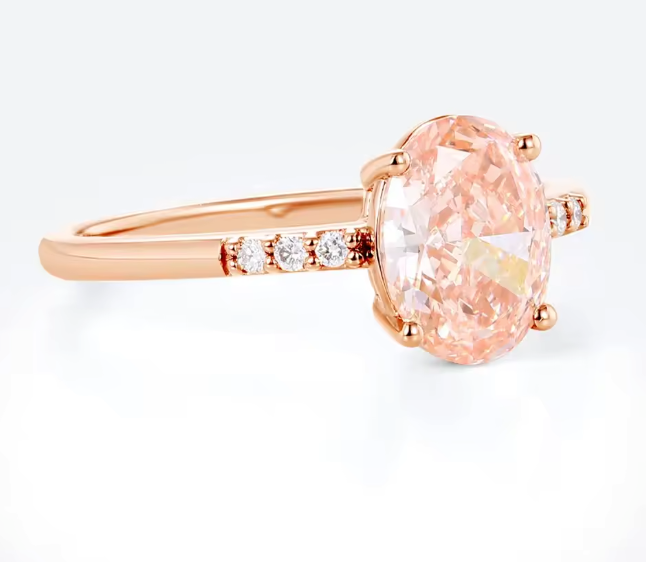 pink oval lab-grown diamond ring in 14k rose gold – 1.5 ct center with pavé diamond shank