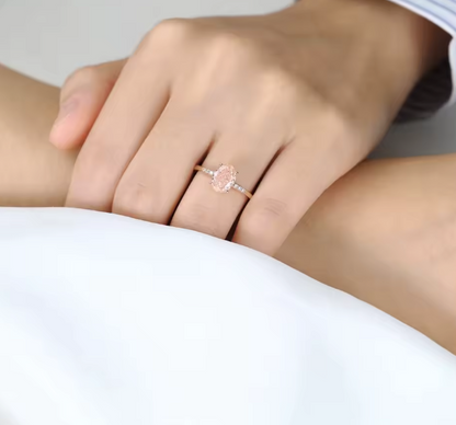 Pink Oval Lab-Grown Diamond Ring in 14K Rose Gold – 1.5 CT Center with Pavé Diamond Shank