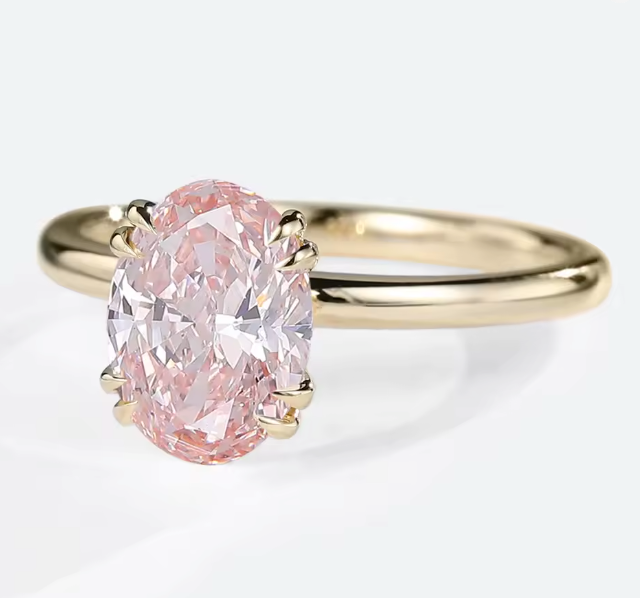 pink oval cut lab-grown diamond solitaire ring in 14k yellow gold – 1.5 ct, d/vs1