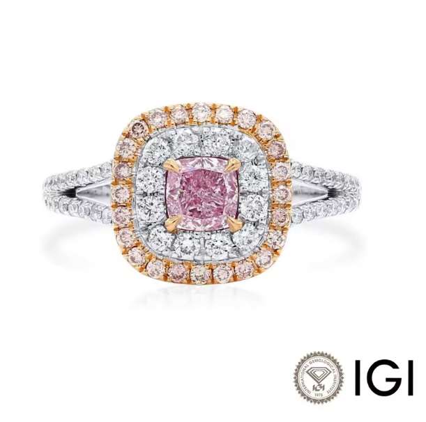 cushion cut 0.5ct pink lab-grown diamond ring in 9k white & rose gold – pavé split shank two-tone halo ring
