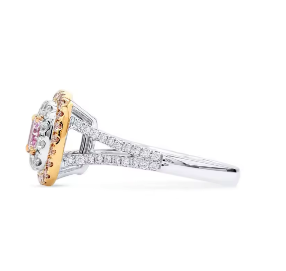 cushion cut 0.5ct pink lab-grown diamond ring in 9k white & rose gold – pavé split shank two-tone halo ring