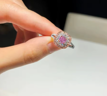 Cushion Cut 0.5ct Pink Lab-Grown Diamond Ring in 9K White & Rose Gold – Pavé Split Shank Two-Tone Halo Ring