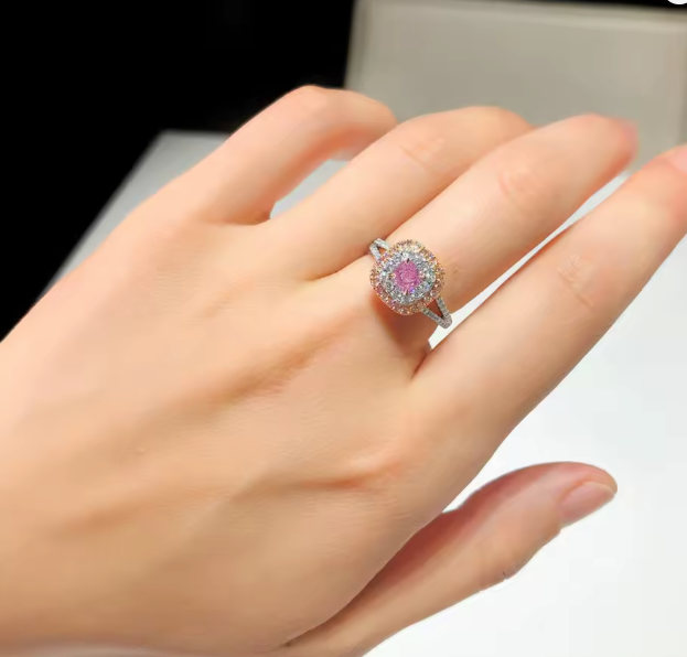 cushion cut 0.5ct pink lab-grown diamond ring in 9k white & rose gold – pavé split shank two-tone halo ring