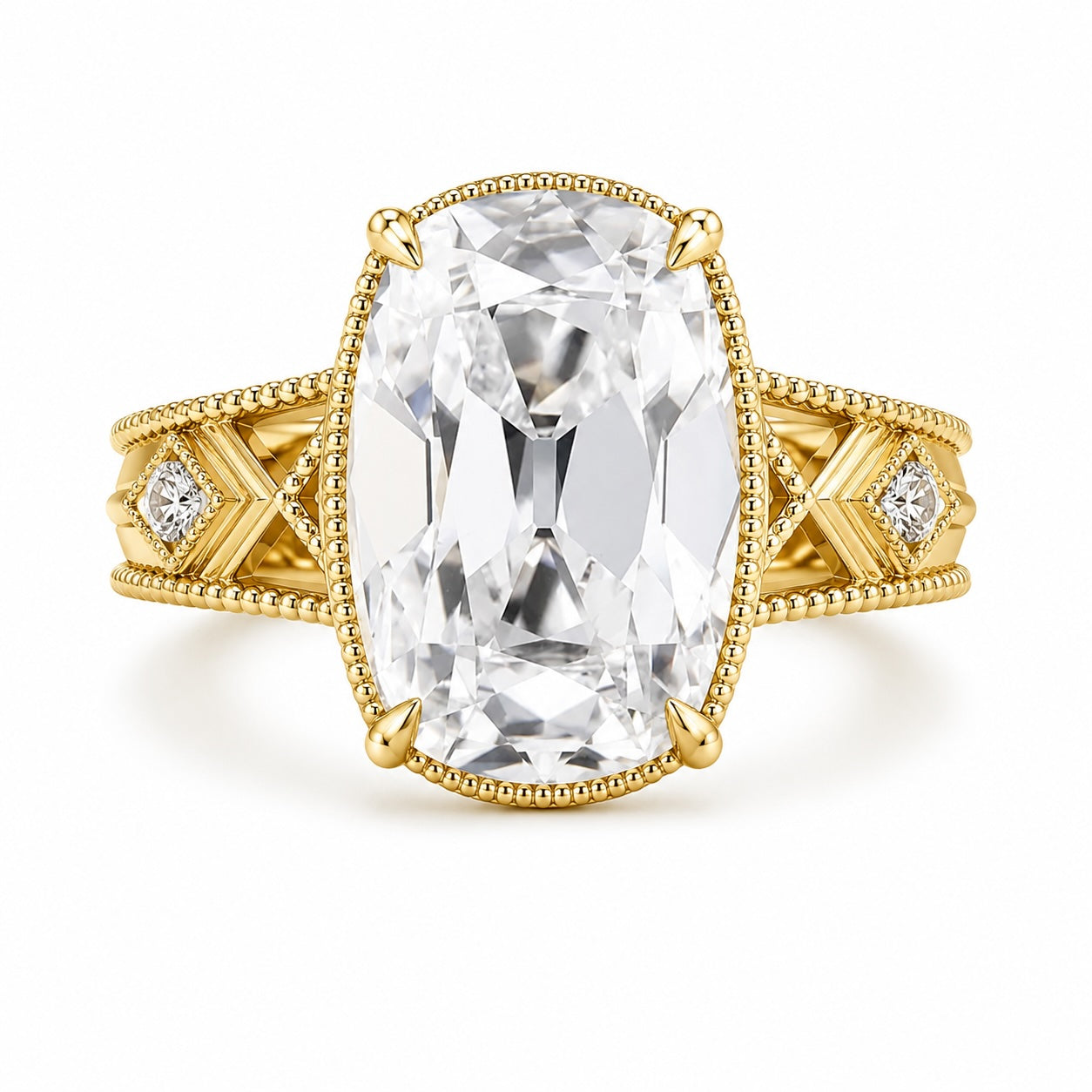 vintage inspired 4 carat old mine cut elongated cushion lab diamond engagement ring in 14k yellow gold