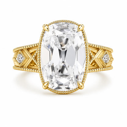 Vintage Inspired 4 Carat Old Mine Cut Elongated Cushion Lab Diamond Engagement Ring in 14K Yellow Gold