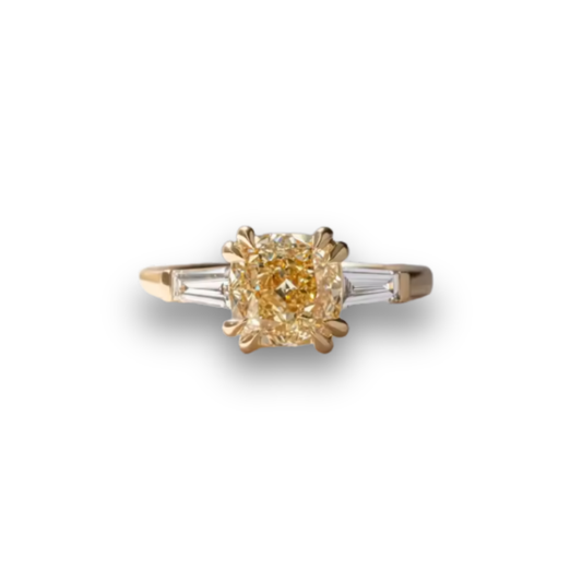 Three-Stone Yellow Cushion Cut Lab-Grown Diamond Ring in 14K Yellow Gold – 2.0 CT Center Stone