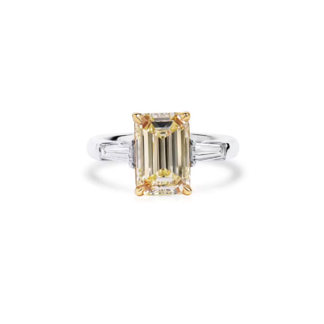 emerald cut fancy light yellow lab-grown diamond three-stone ring in 14k white gold – 1–2 carats