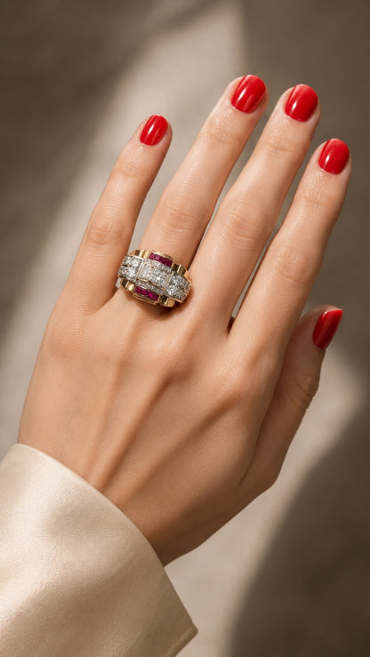 Calibrated Ruby & Diamond Tank Ring – 18K Gold