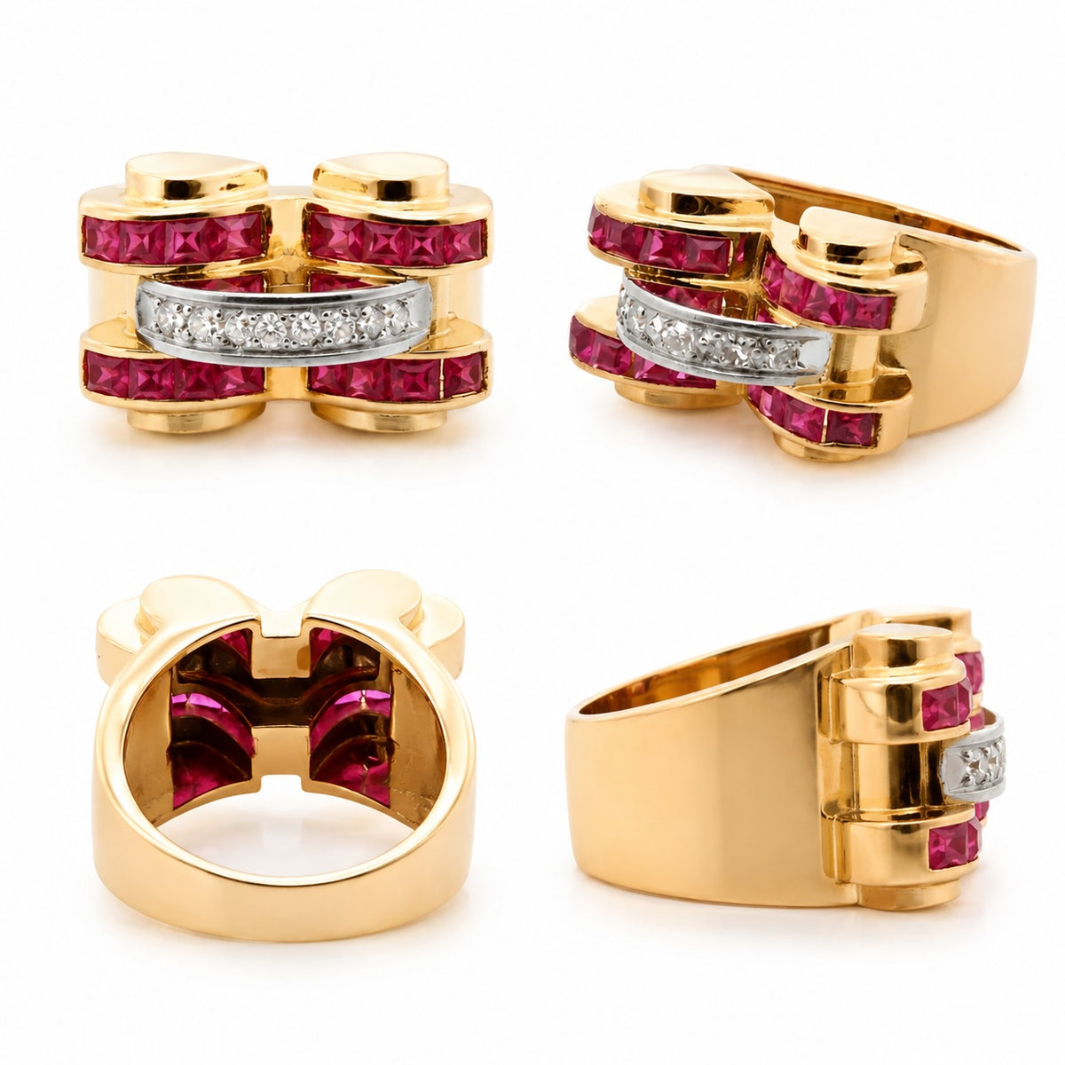 vintage-inspired ruby & diamond tank ring – 18k yellow gold