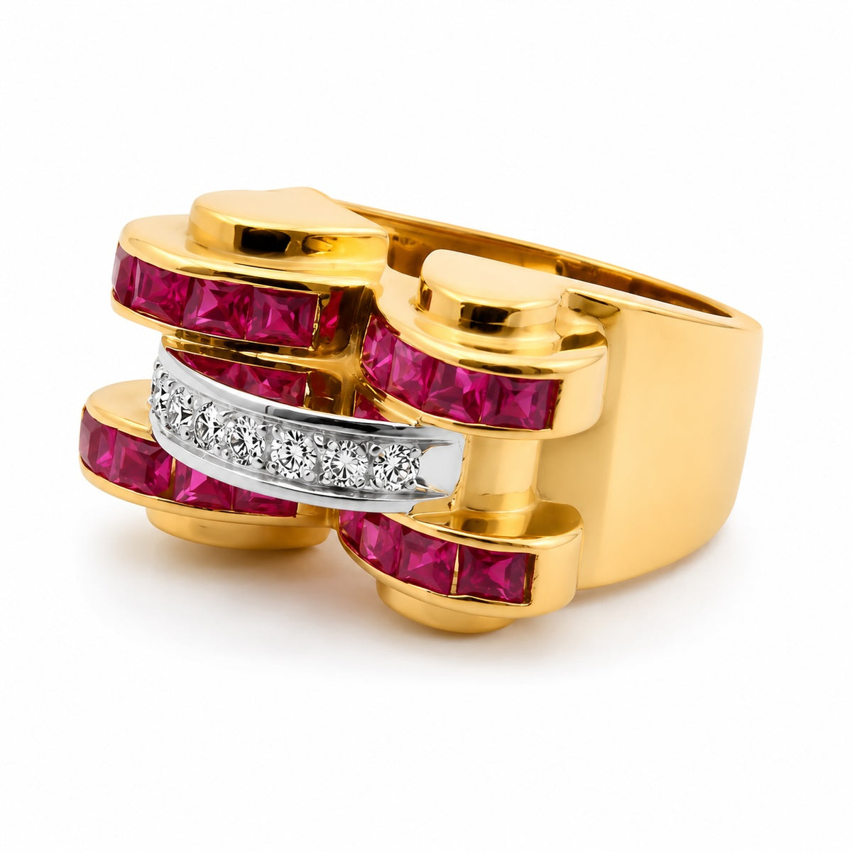 vintage-inspired ruby & diamond tank ring – 18k yellow gold
