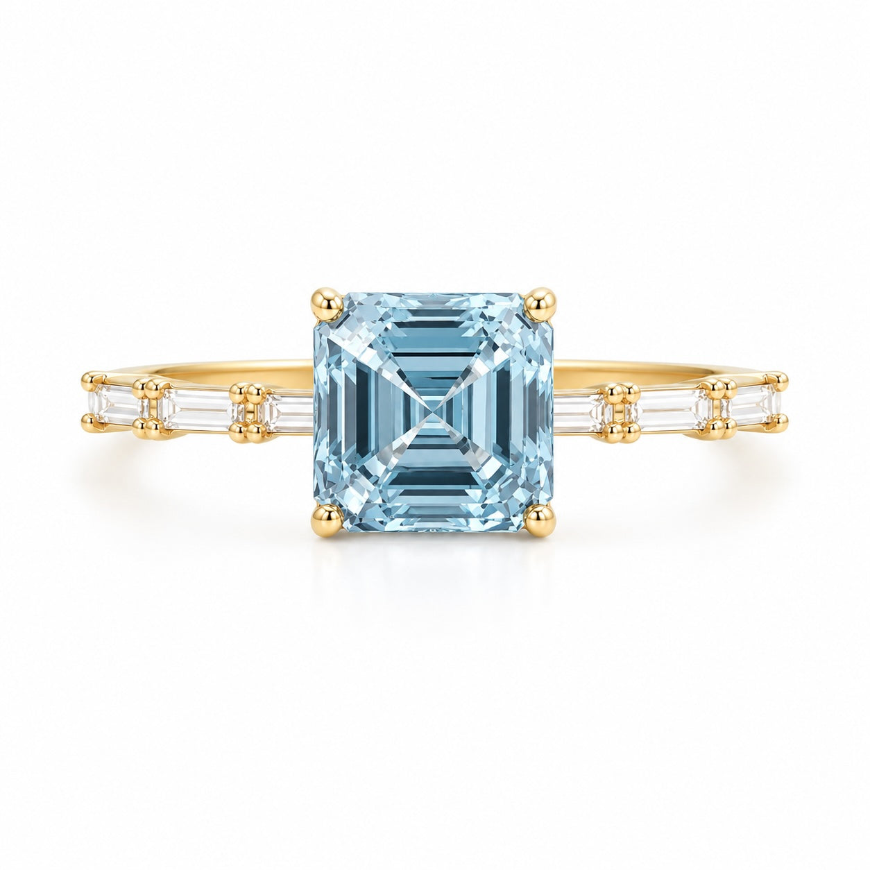 asscher cut blue lab-grown diamond ring in 9k yellow gold – 2.0 ct with baguette side diamonds