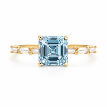 Asscher Cut Blue Lab-Grown Diamond Ring in 9K Yellow Gold – 2.0 CT with Baguette Side Diamonds