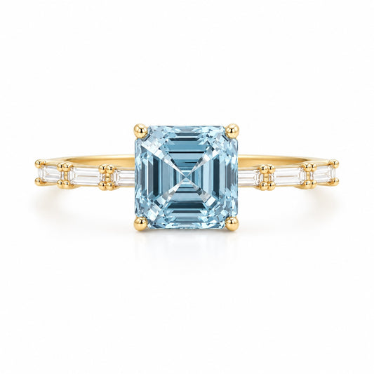 Asscher Cut Blue Lab-Grown Diamond Ring in 9K Yellow Gold – 2.0 CT with Baguette Side Diamonds