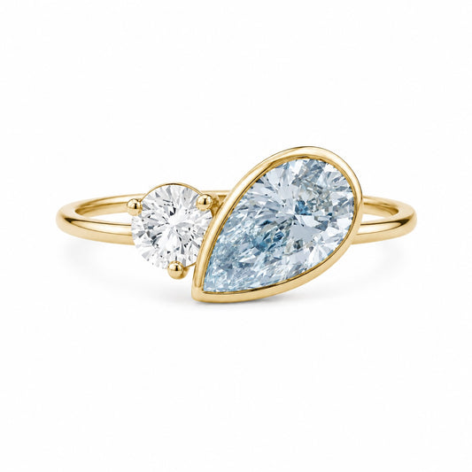 Blue Pear Cut Lab-Grown Diamond Two-Stone Ring in 14K Yellow Gold – 1.0 CT centre stone, D/VS1, IGI Certified