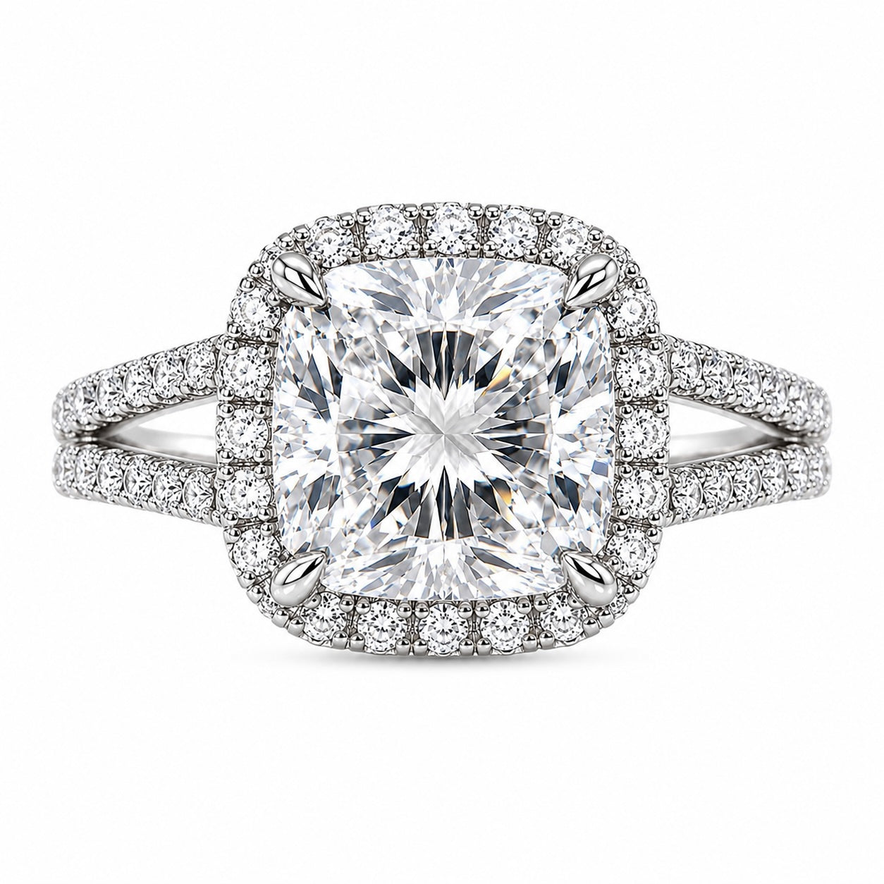 3 carat cushion cut lab diamond halo ring – d vs1 igi certified | 14k white gold split shank