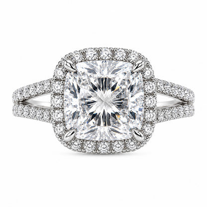 3 Carat Cushion Cut Lab Diamond Halo Ring – D VS1 IGI Certified | 14K White Gold Split Shank
