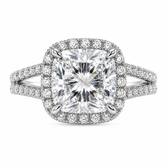 3 Carat Cushion Cut Lab Diamond Halo Ring – D VS1 IGI Certified | 14K White Gold Split Shank