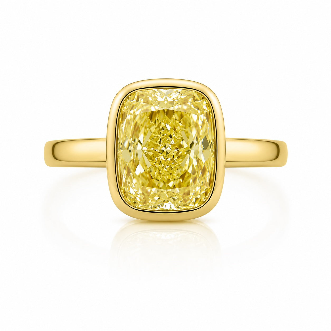bezel-set cushion cut yellow lab-grown diamond ring in 14k yellow gold – 1 or 2 carats statement ring