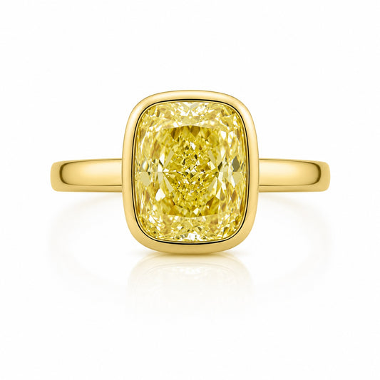 Bezel-Set Cushion Cut Yellow Lab-Grown Diamond Ring in 14K Yellow Gold – 1 or 2 Carats Statement Ring