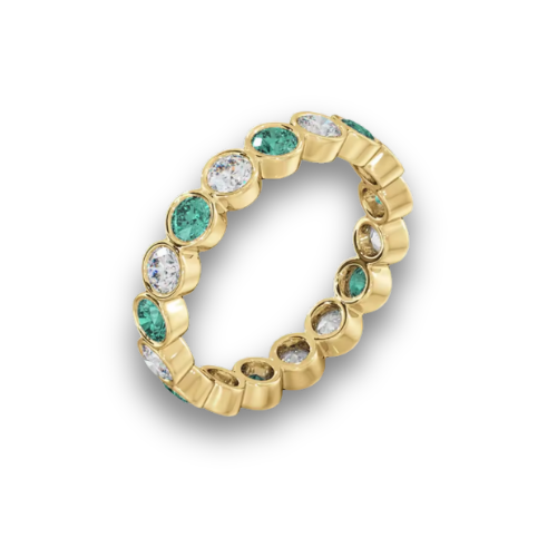 Bezel-Set Emerald & Lab-Grown Diamond Eternity Ring in 14K Yellow Gold – Classic Wedding Band