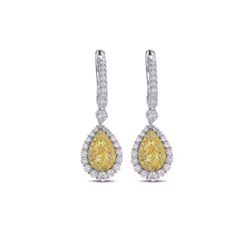 Fancy Intense Yellow Pear Cut Lab-Grown Diamond Double Halo Earrings in 14K White & Yellow Gold – 1 or 2 CT Each
