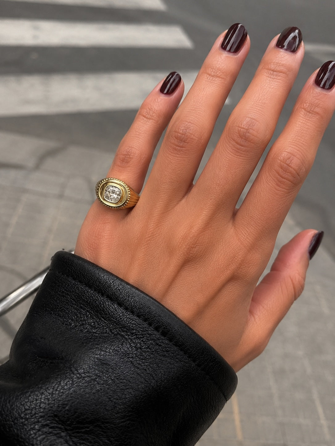 east-west cushion diamond signet ring