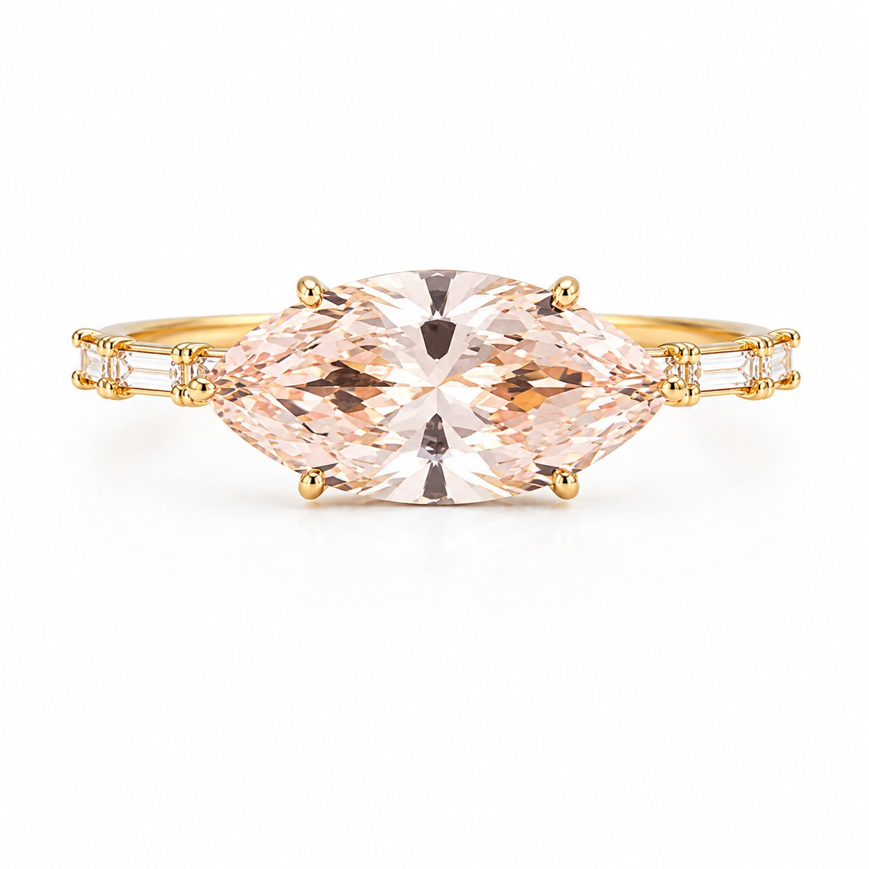 east-west marquise cut pink lab-grown diamond 1.5ct ring in 9k yellow gold with baguette side diamonds