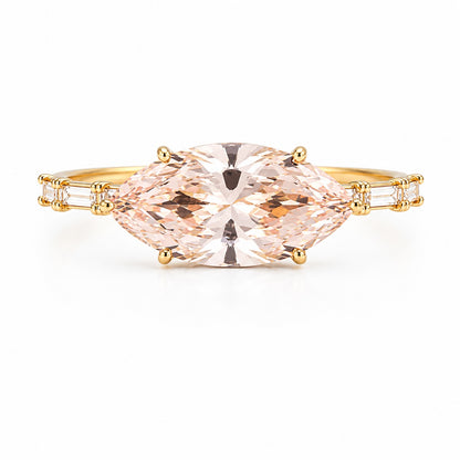 East-West Marquise Cut Pink Lab-Grown Diamond 1.5ct Ring in 9K Yellow Gold with Baguette Side Diamonds