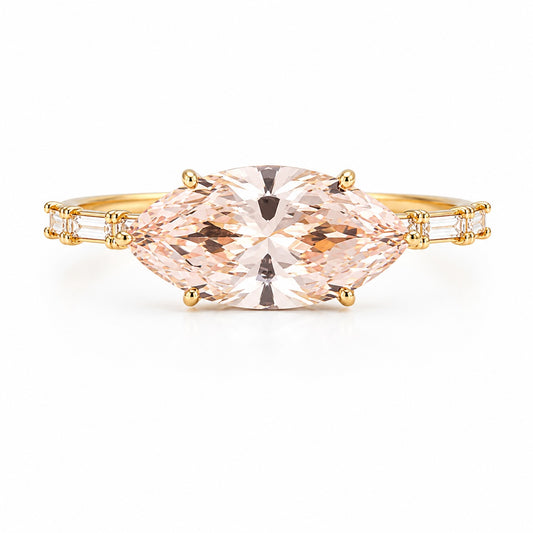 East-West Marquise Cut Pink Lab-Grown Diamond 1.5ct Ring in 9K Yellow Gold with Baguette Side Diamonds
