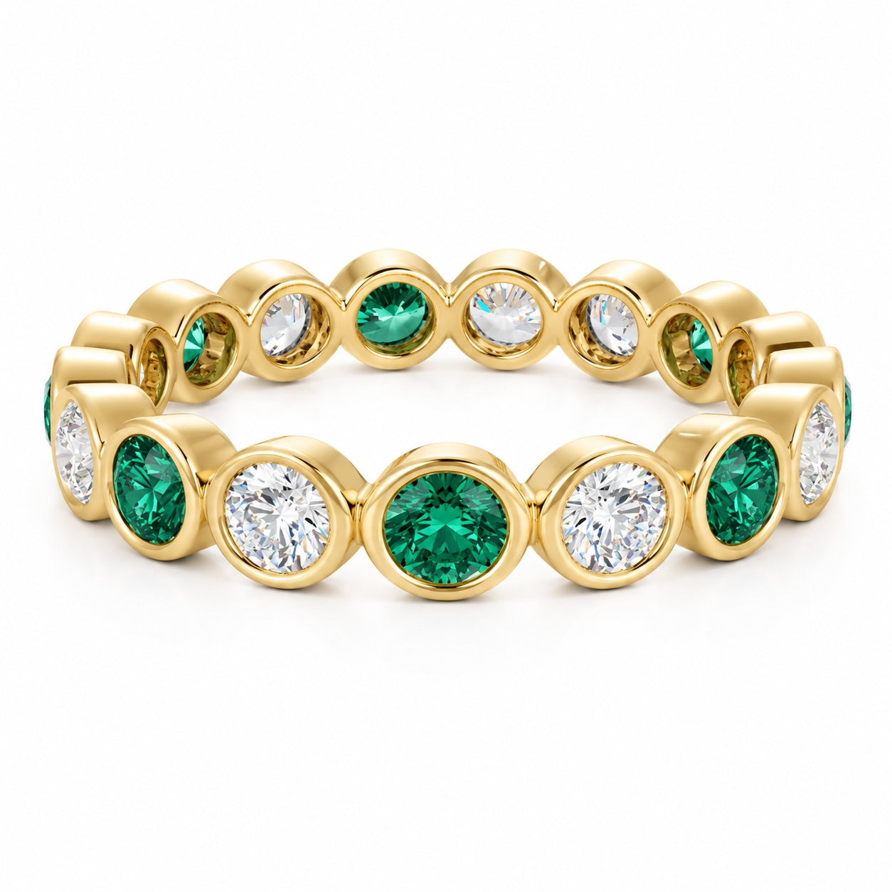 bezel-set emerald & lab-grown diamond eternity ring in 14k yellow gold – classic wedding band