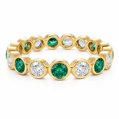 Bezel-Set Emerald & Lab-Grown Diamond Eternity Ring in 14K Yellow Gold – Classic Wedding Band