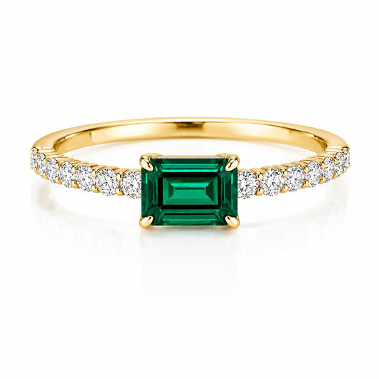 Beatrice Emerald-Cut Lab-Grown Emerald & Diamond Pavé Ring • 5×7mm • 14k Yellow Gold