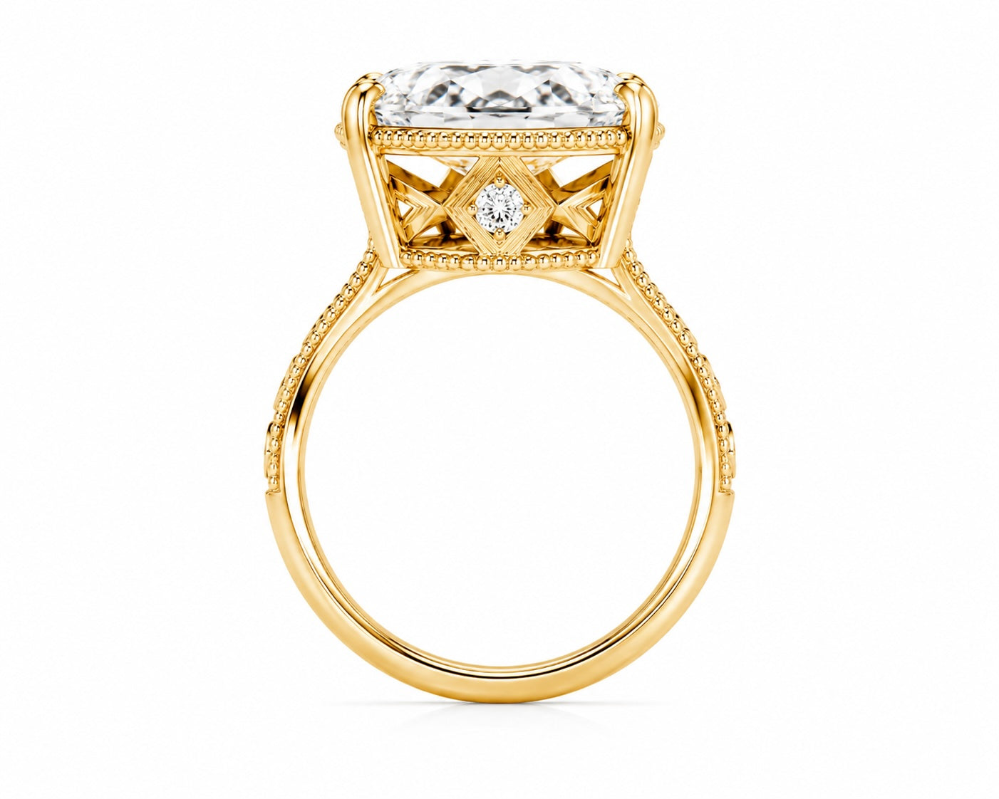 vintage inspired 4 carat old mine cut elongated cushion lab diamond engagement ring in 14k yellow gold