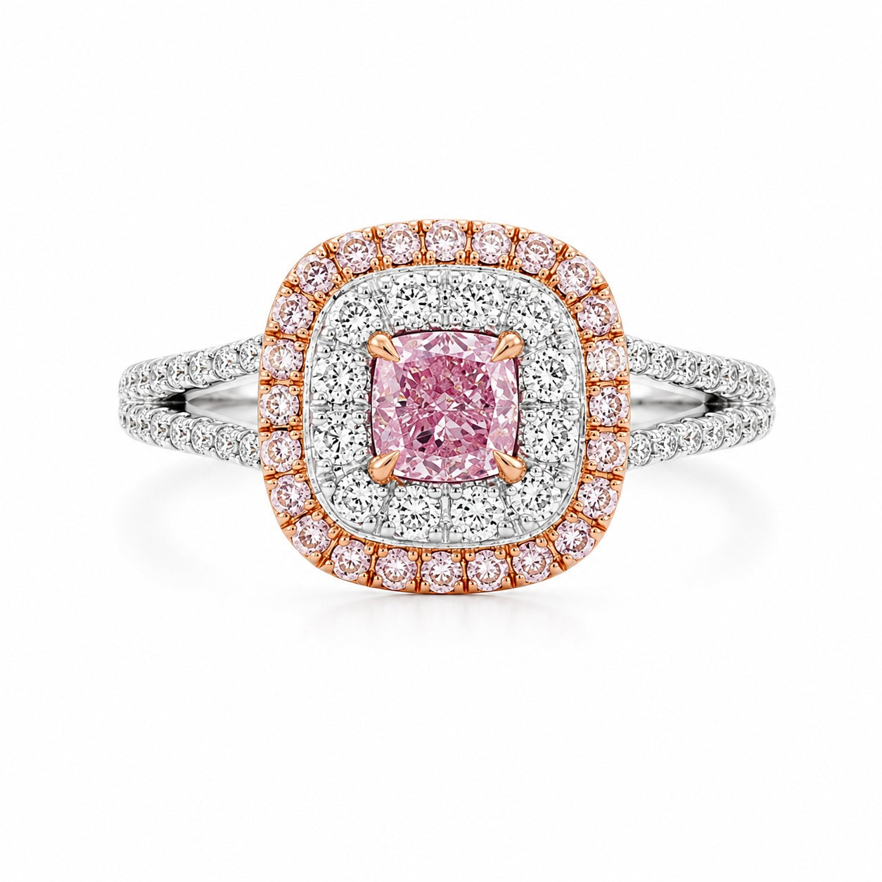cushion cut 0.5ct pink lab-grown diamond ring in 9k white & rose gold – pavé split shank two-tone halo ring
