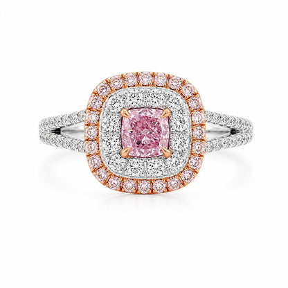 Cushion Cut 0.5ct Pink Lab-Grown Diamond Ring in 9K White & Rose Gold – Pavé Split Shank Two-Tone Halo Ring
