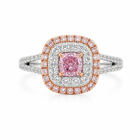 Cushion Cut 0.5ct Pink Lab-Grown Diamond Ring in 9K White & Rose Gold – Pavé Split Shank Two-Tone Halo Ring