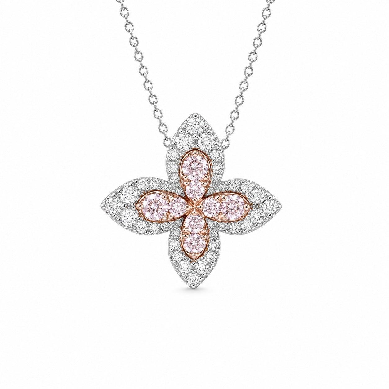 butterfly halo lab-grown diamond necklace • fancy pink & white diamonds • igi certified • 18k white & rose gold