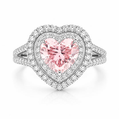 Double Halo Fancy Vivid Pink Heart-Cut Lab-Grown Diamond Engagement Ring • 1–2ct VS1 • IGI Certified • 14K White Gold