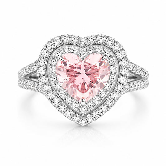 Double Halo Fancy Vivid Pink Heart-Cut Lab-Grown Diamond Engagement Ring • 1–2ct VS1 • IGI Certified • 14K White Gold