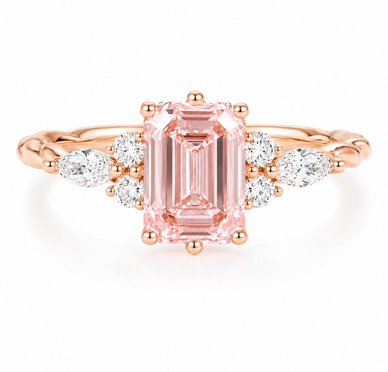 pink emerald cut lab-grown diamond ring in 14k rose gold – 1.5 ct center with marquise & round accents