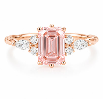 Pink Emerald Cut Lab-Grown Diamond Ring in 14K Rose Gold – 1.5 CT Center with Marquise & Round Accents