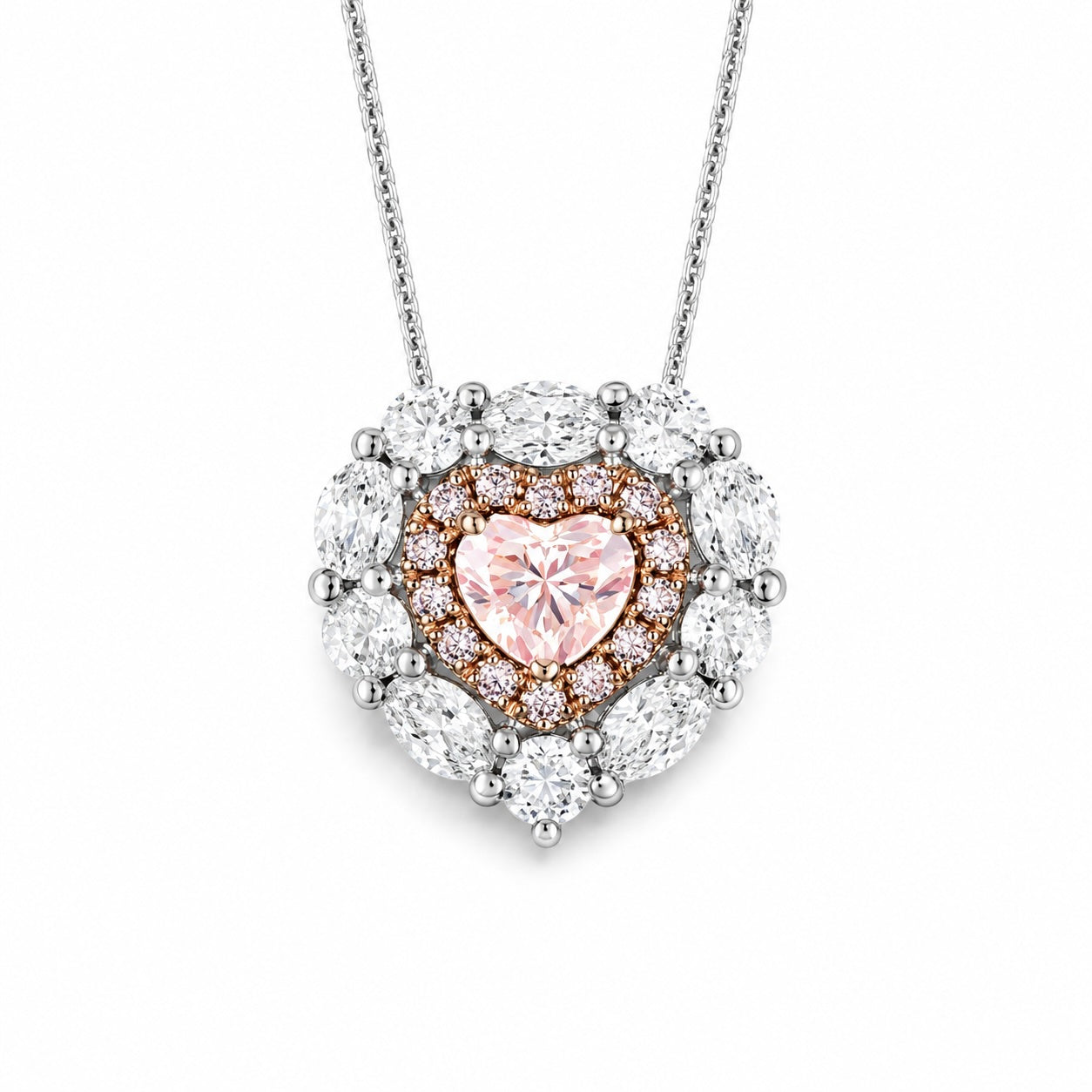 fancy pink heart lab-grown diamond halo necklace • 1.26ct total • igi certified • 14k rose & white gold