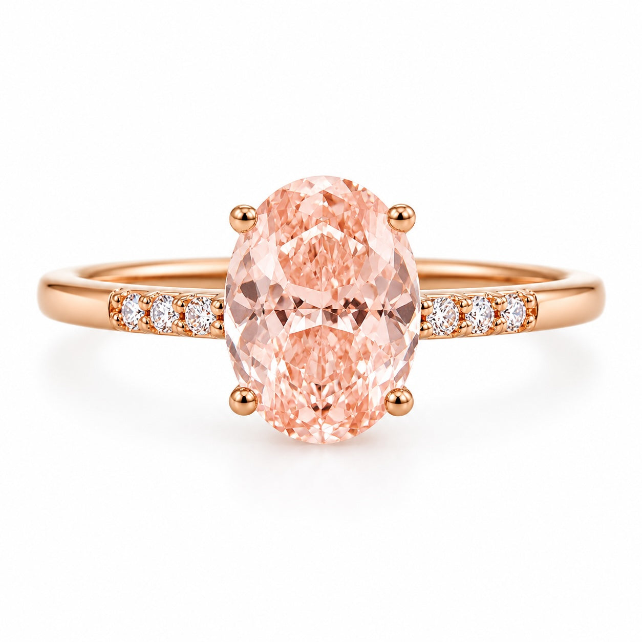 pink oval lab-grown diamond ring in 14k rose gold – 1.5 ct center with pavé diamond shank