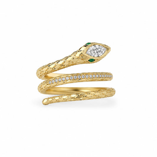 Snake Pinky Ring with 0.90ct Marquise Lab Diamond & Emerald Eyes in 14K Yellow Gold